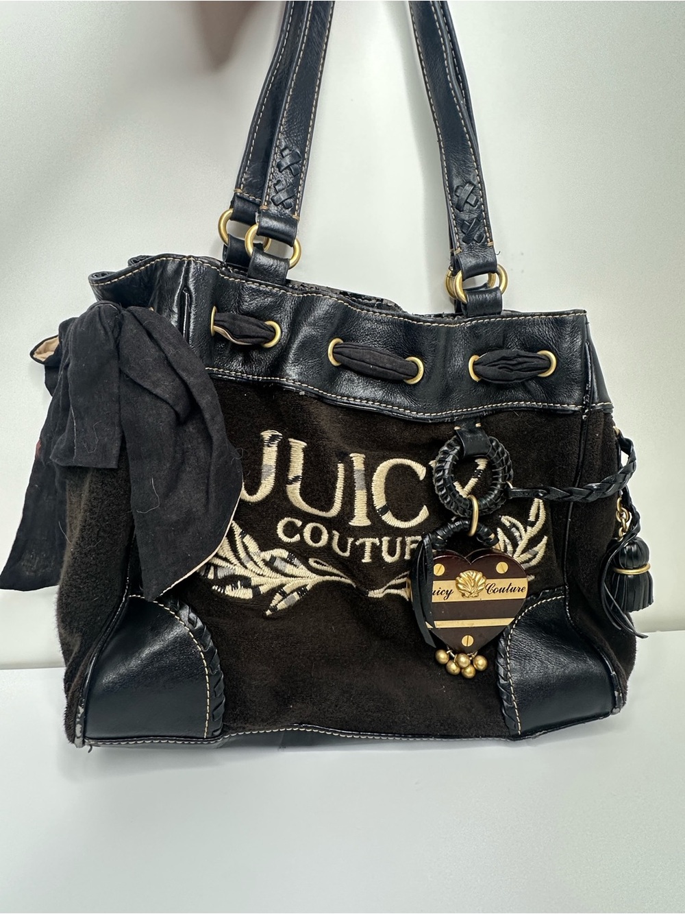 Juicy Couture Vintage Y2K Daydreamer Black Brown Velour Bow Shoulder Bag